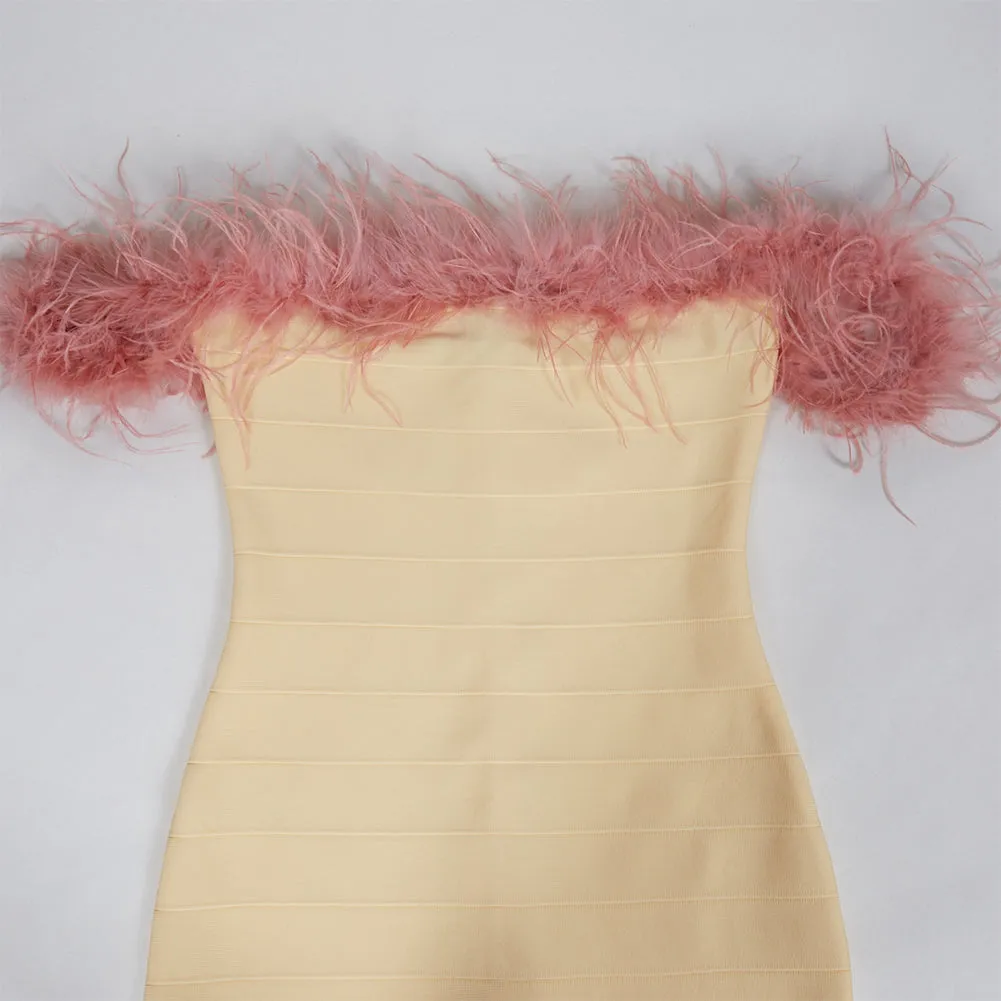 Off Shoulder Sleeveless Feather Midi Bandage Dress PZC2340