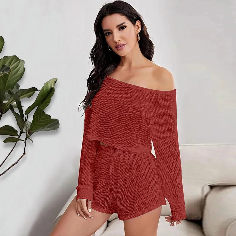 Off the Shoulder Long Sleeve Crop Top and Shorts Pajama Set