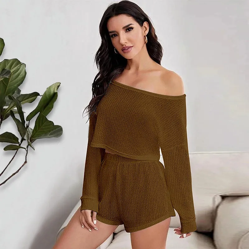 Off the Shoulder Long Sleeve Crop Top and Shorts Pajama Set
