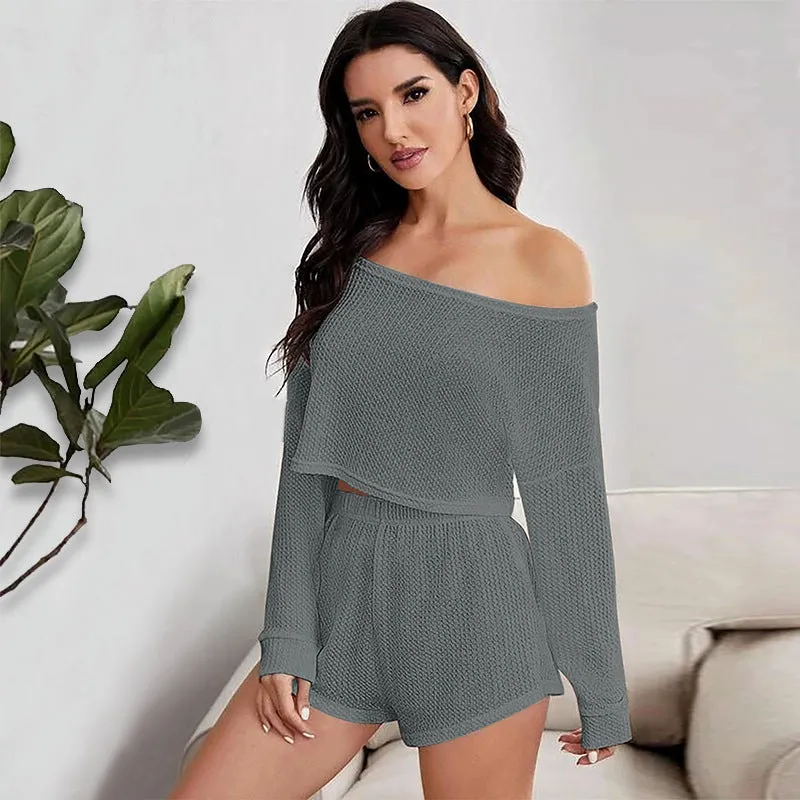 Off the Shoulder Long Sleeve Crop Top and Shorts Pajama Set