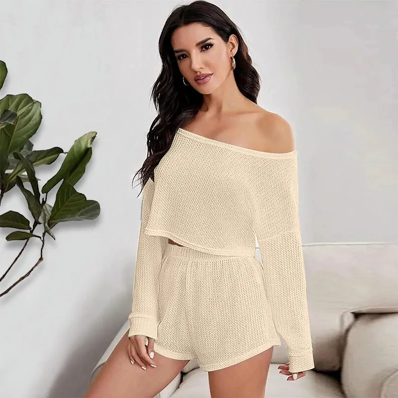 Off the Shoulder Long Sleeve Crop Top and Shorts Pajama Set