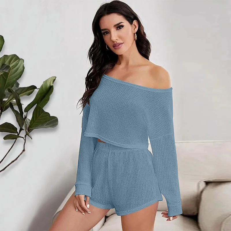 Off the Shoulder Long Sleeve Crop Top and Shorts Pajama Set