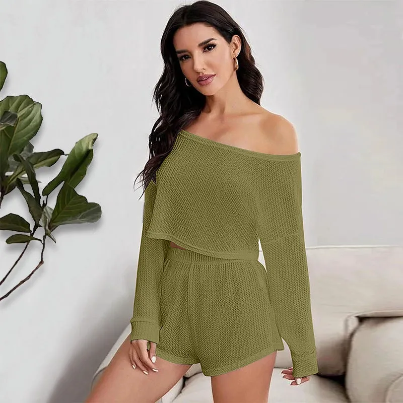 Off the Shoulder Long Sleeve Crop Top and Shorts Pajama Set