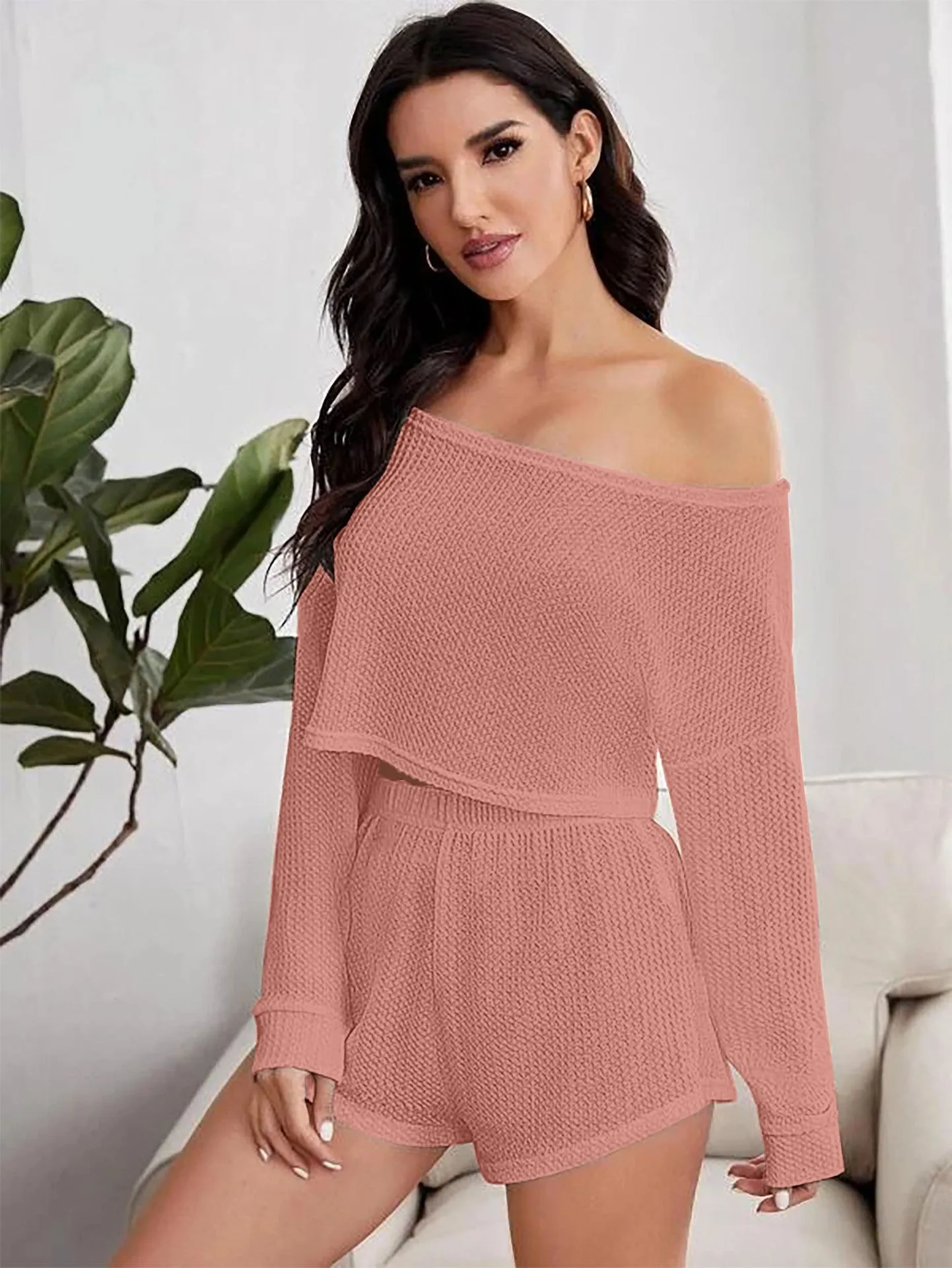 Off the Shoulder Long Sleeve Crop Top and Shorts Pajama Set
