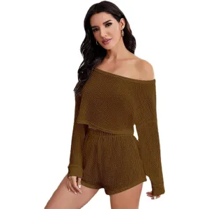 Off the Shoulder Long Sleeve Crop Top and Shorts Pajama Set