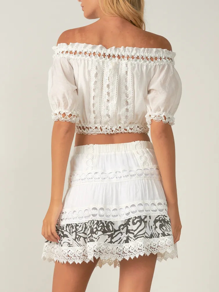 Off The Shoulder Macramé Embroidered Long Sleeve Crop Top