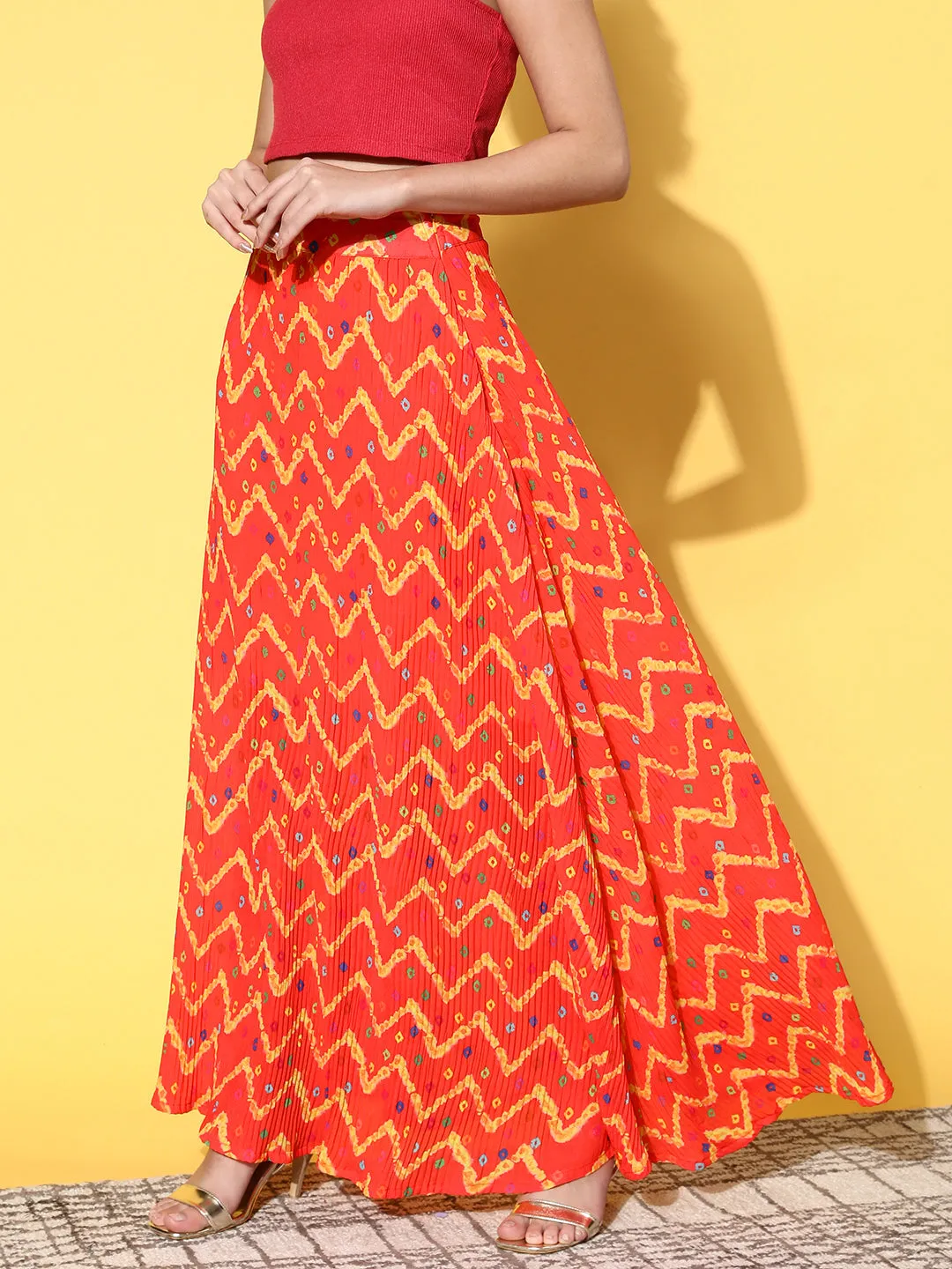 Orange Bandhej Pleated Skirt
