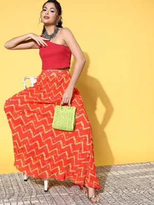 Orange Bandhej Pleated Skirt