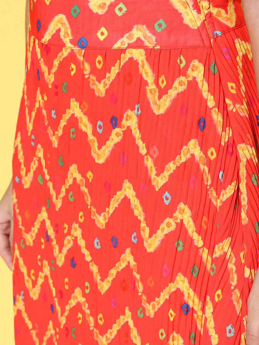 Orange Bandhej Pleated Skirt