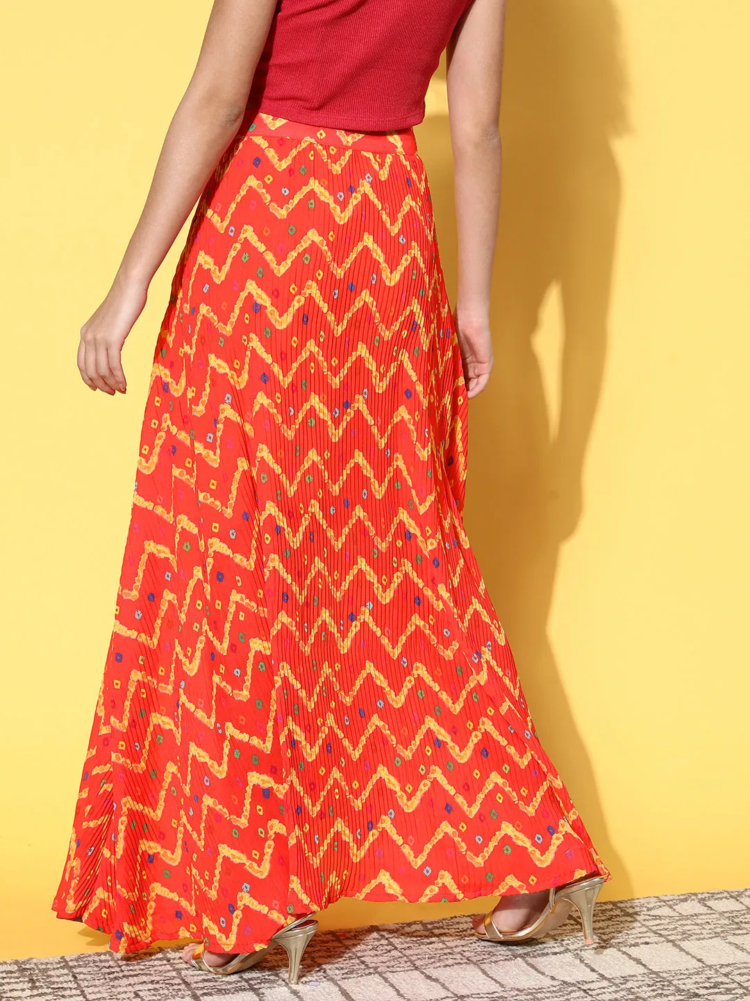 Orange Bandhej Pleated Skirt