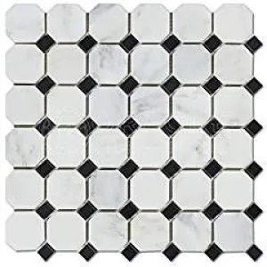 Oriental White (Eastern White) Marble Octagon Mosaic Tile w/ Black Marble Dots, Polished - Lot of 50 Sheets