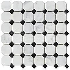Oriental White (Eastern White) Marble Octagon Mosaic Tile w/ Black Marble Dots, Polished - Lot of 50 Sheets