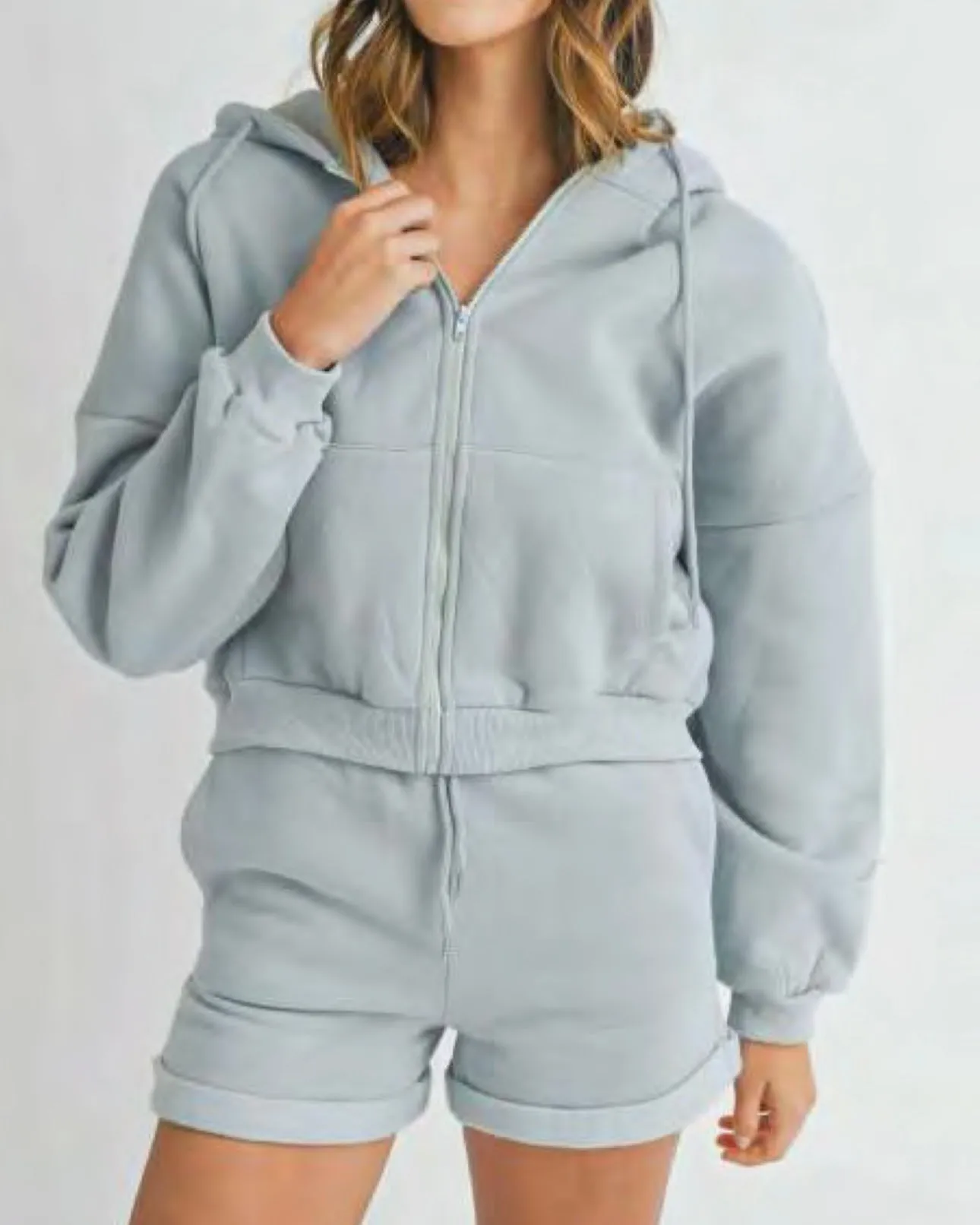 Oversized Hooded Jacket and Short Set in Dusty Blue