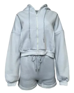 Oversized Hooded Jacket and Short Set in Dusty Blue