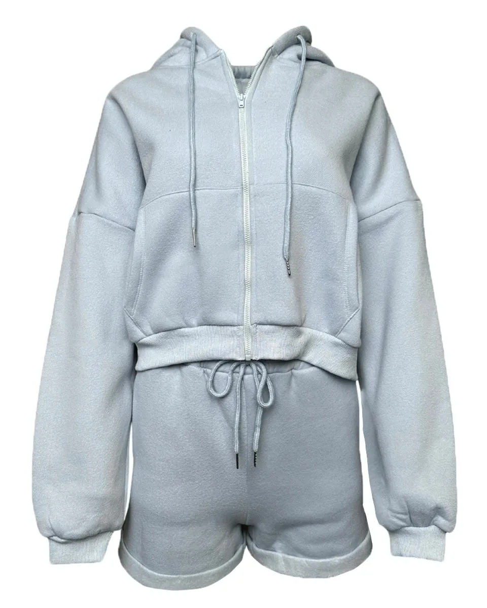 Oversized Hooded Jacket and Short Set in Dusty Blue