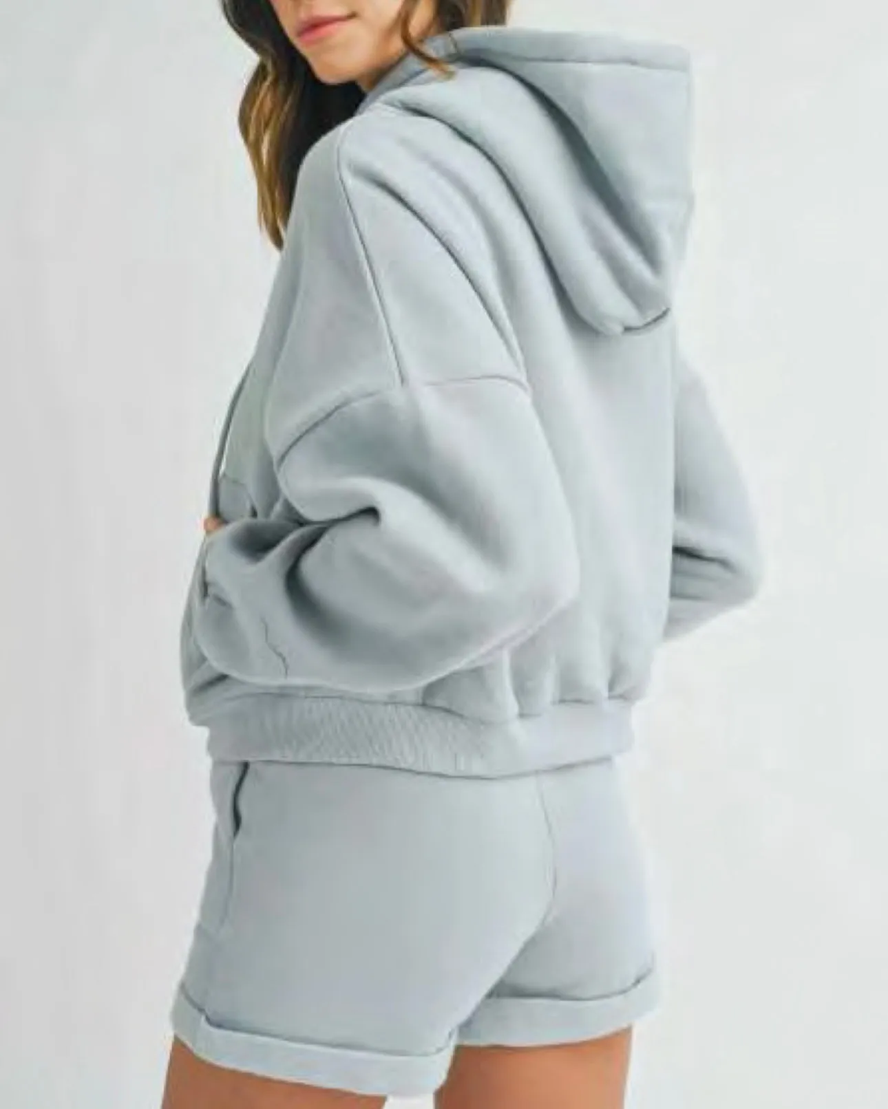 Oversized Hooded Jacket and Short Set in Dusty Blue