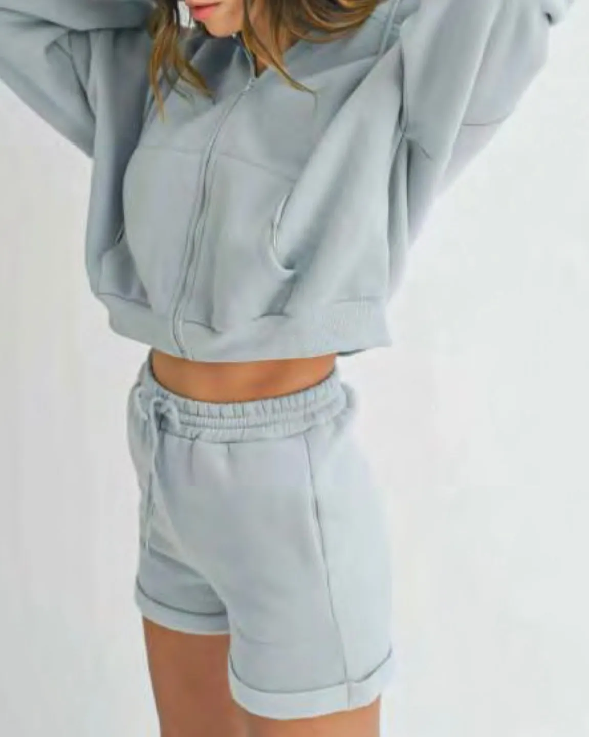 Oversized Hooded Jacket and Short Set in Dusty Blue