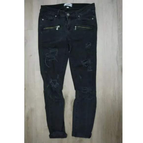 Paige Indio Zip Cropped Ripped Skinny Jeans Black Women 26