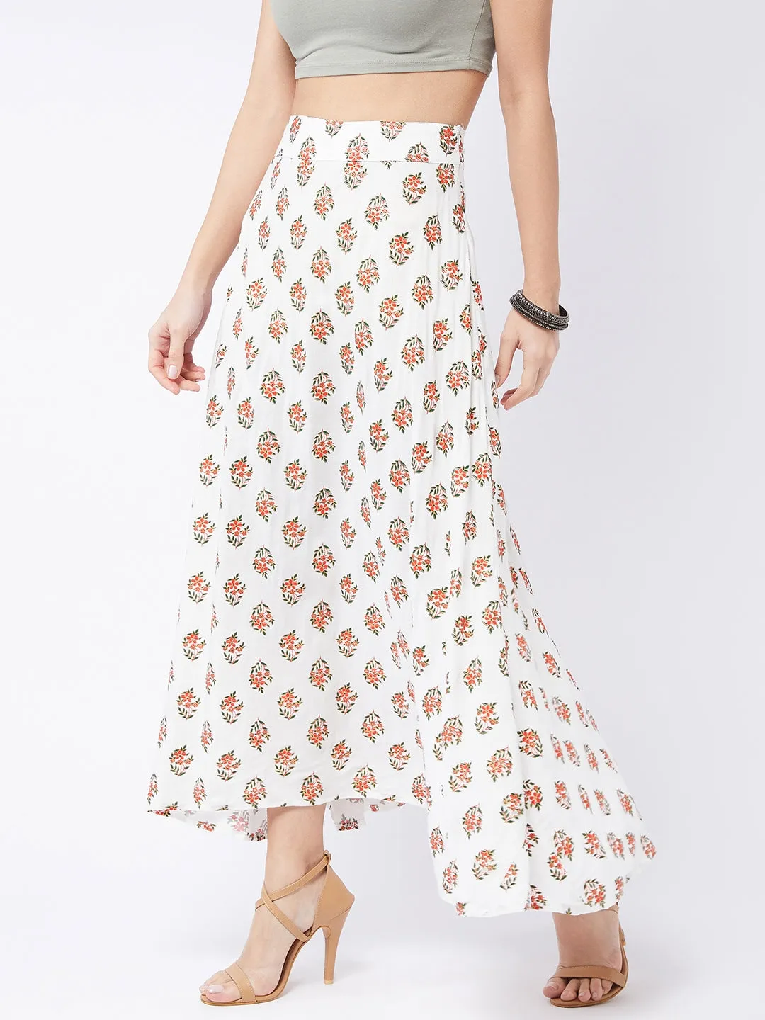 Pearl White Floral Print Long Skirt