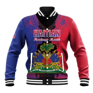 Personalised Haitian Heritage Month Baseball Jacket Coat Of Arms With Dashiki Pattern LT15