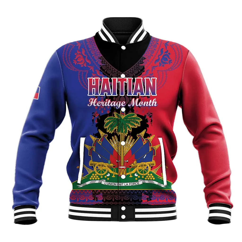 Personalised Haitian Heritage Month Baseball Jacket Coat Of Arms With Dashiki Pattern LT15