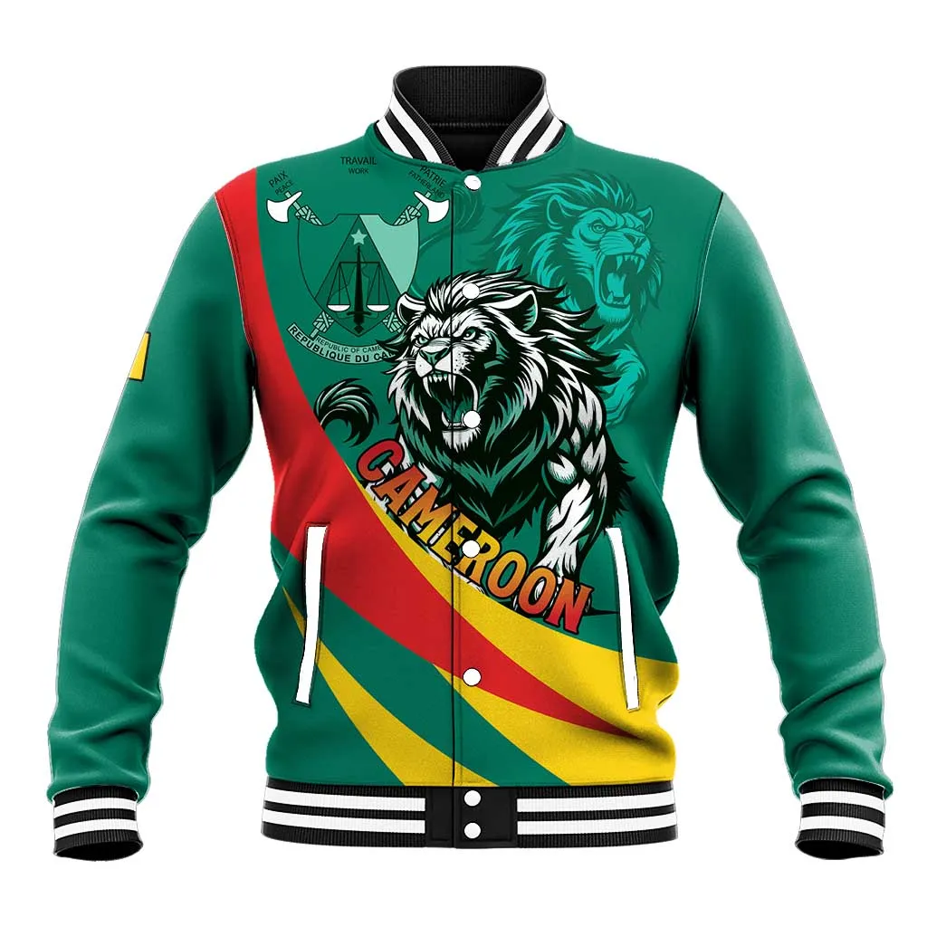 Personalised Happy Cameroon National Day Baseball Jacket Lion With Coat Of Arms - Curve Style LT15