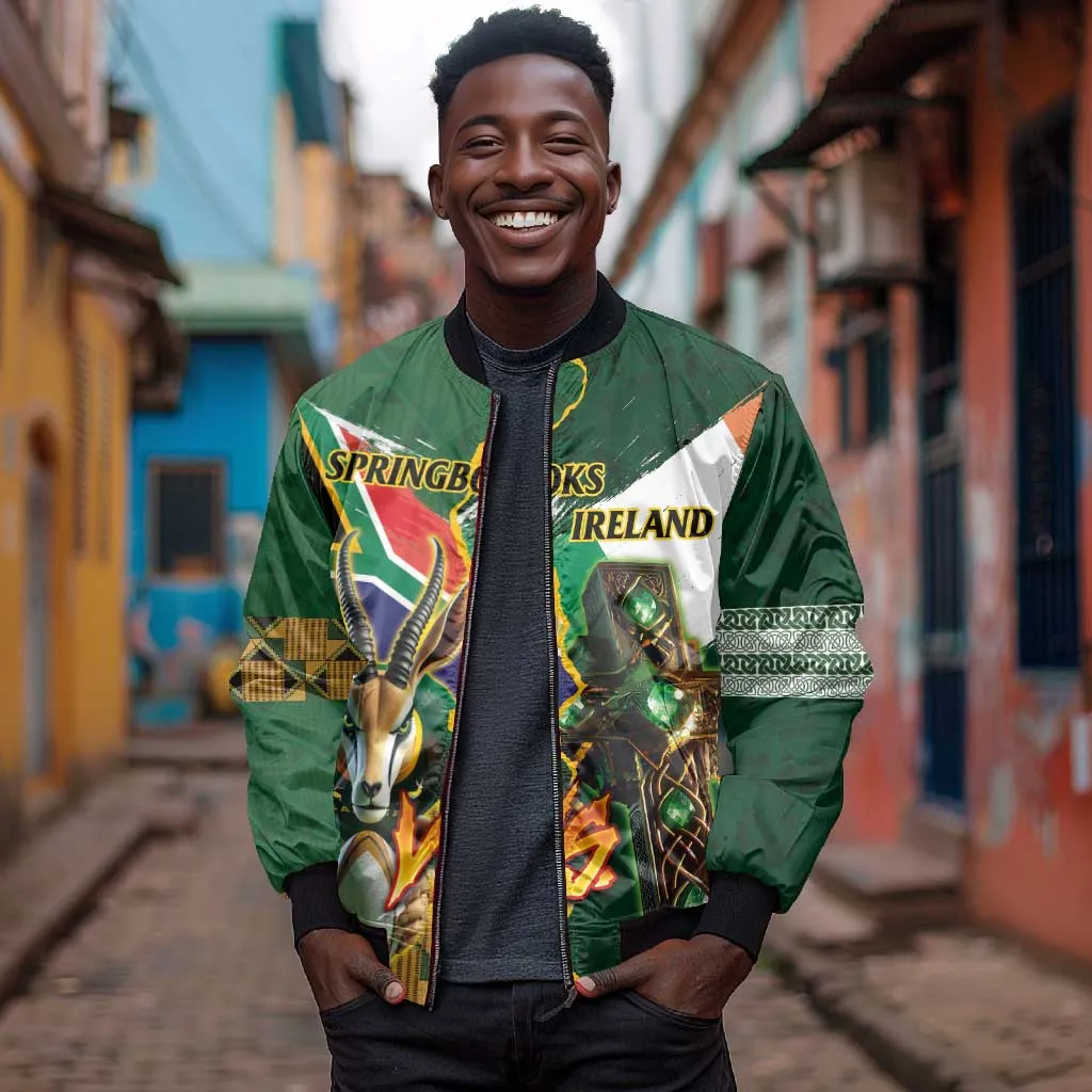 Personalized South Africa Versus Ireland Rugby Sleeve Zip Bomber Jacket - Springbok Mascot, Celtic Cross Design LT03