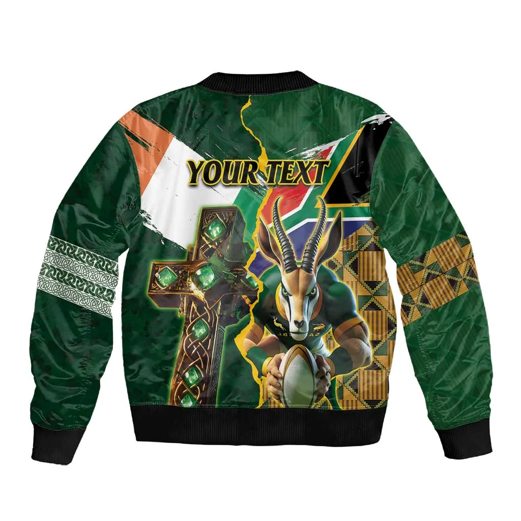 Personalized South Africa Versus Ireland Rugby Sleeve Zip Bomber Jacket - Springbok Mascot, Celtic Cross Design LT03