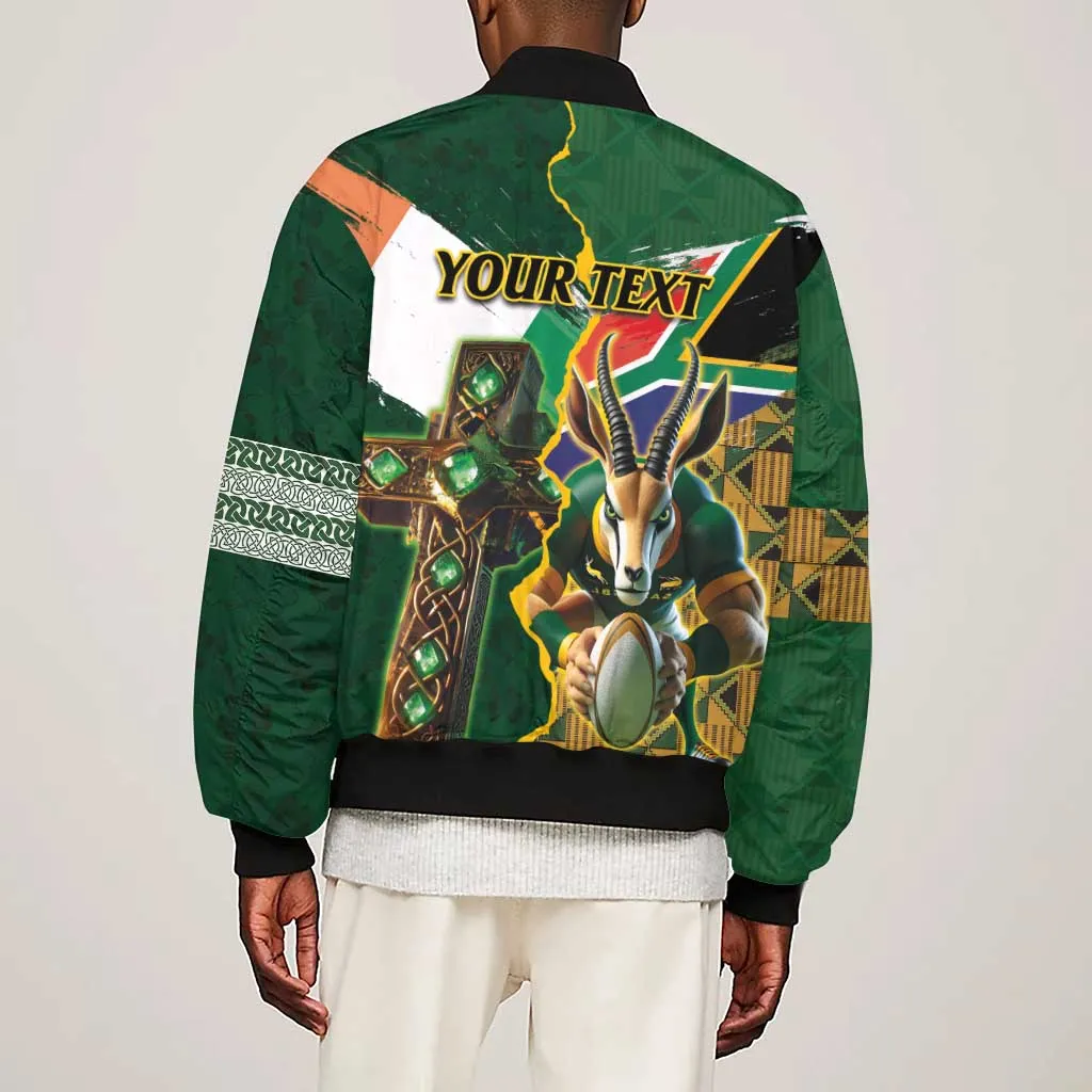 Personalized South Africa Versus Ireland Rugby Sleeve Zip Bomber Jacket - Springbok Mascot, Celtic Cross Design LT03