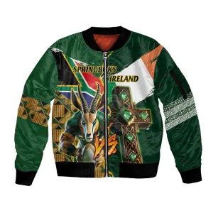 Personalized South Africa Versus Ireland Rugby Sleeve Zip Bomber Jacket - Springbok Mascot, Celtic Cross Design LT03