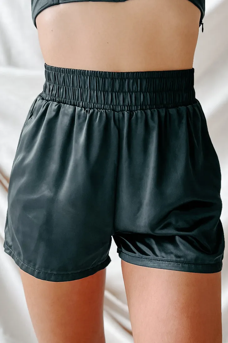 Pining Away Satin Elastic Waist Shorts (Black)