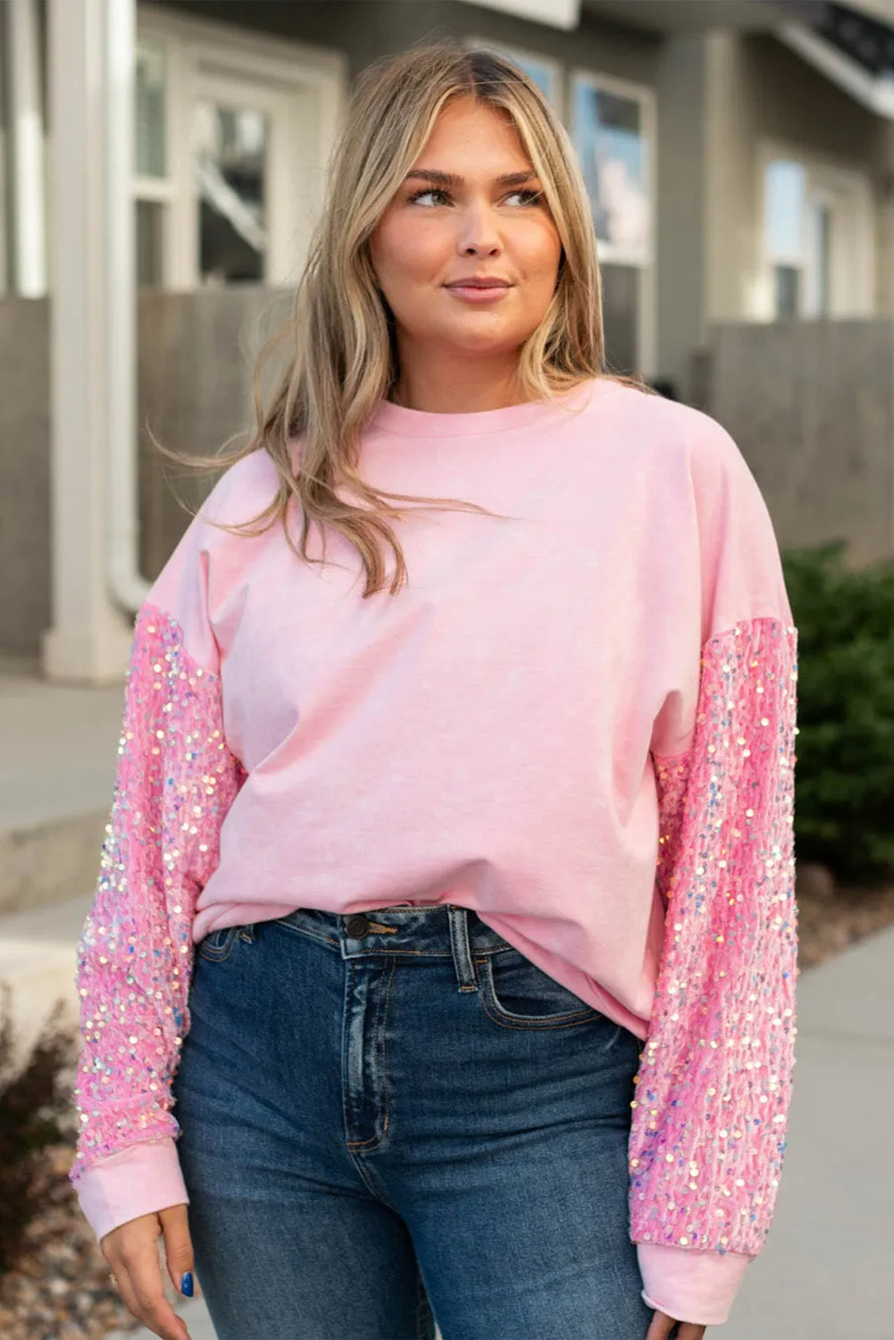 Pink Plus Size Sequin Sleeve Drop Shoulder Sweatshirt