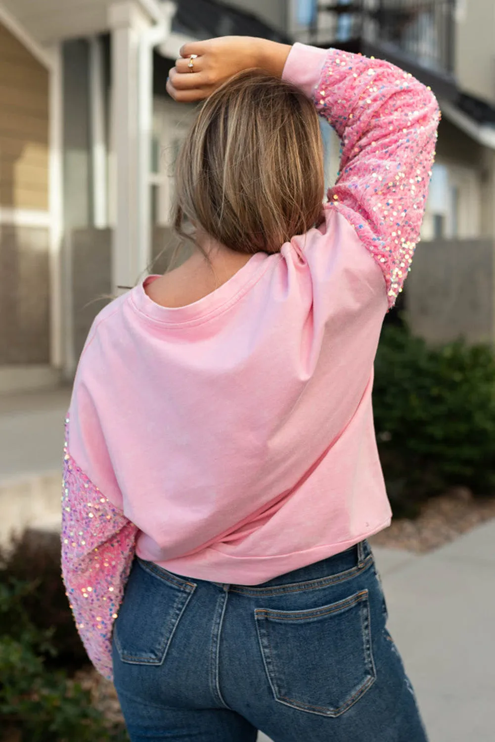 Pink Plus Size Sequin Sleeve Drop Shoulder Sweatshirt