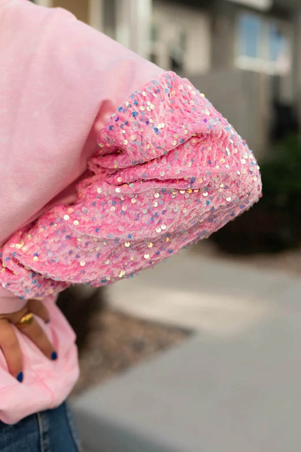 Pink Plus Size Sequin Sleeve Drop Shoulder Sweatshirt