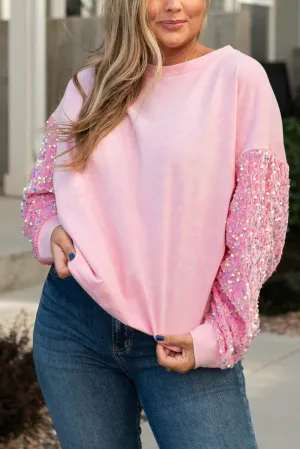 Pink Plus Size Sequin Sleeve Drop Shoulder Sweatshirt
