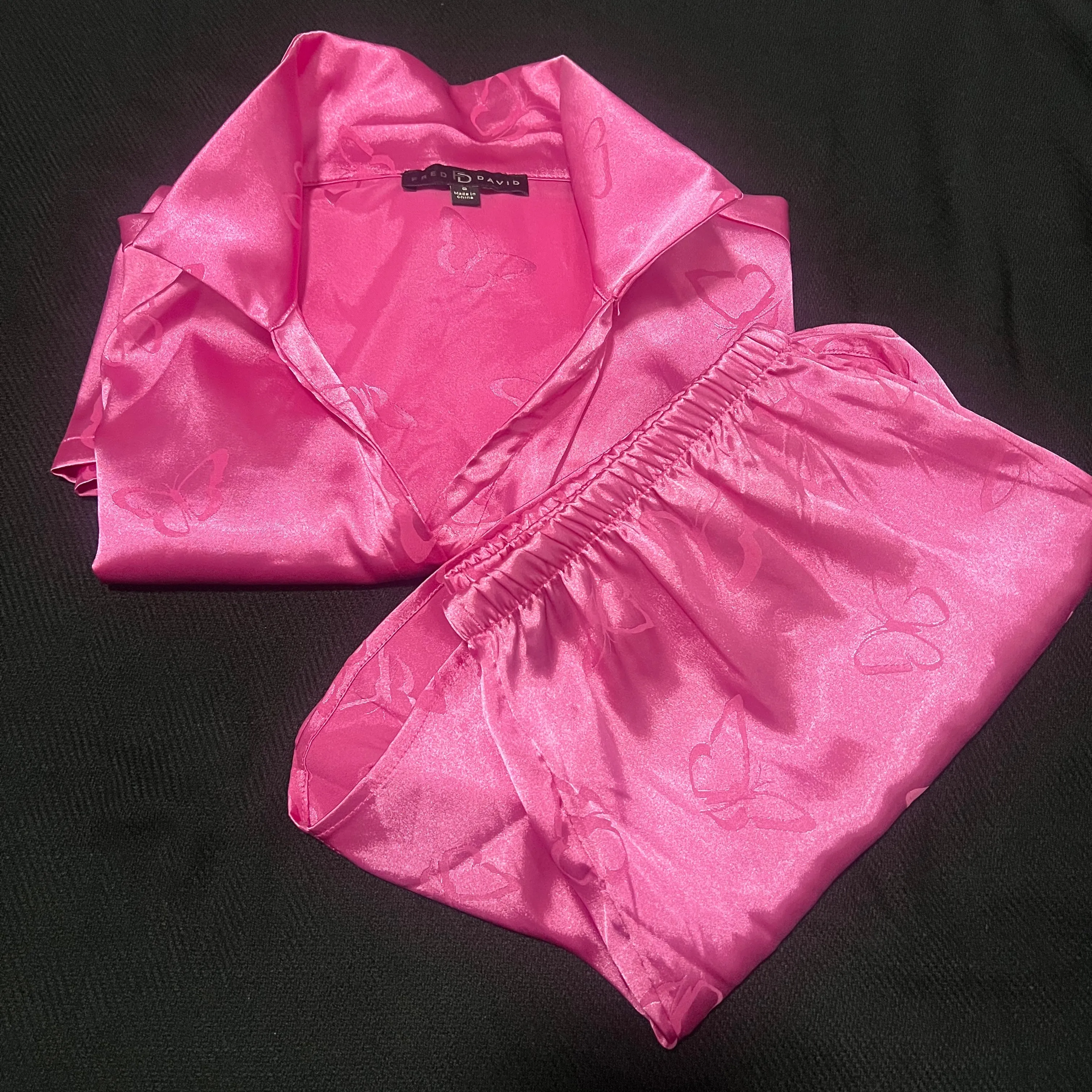 Pink Satin Butterfly Print Pajama Set