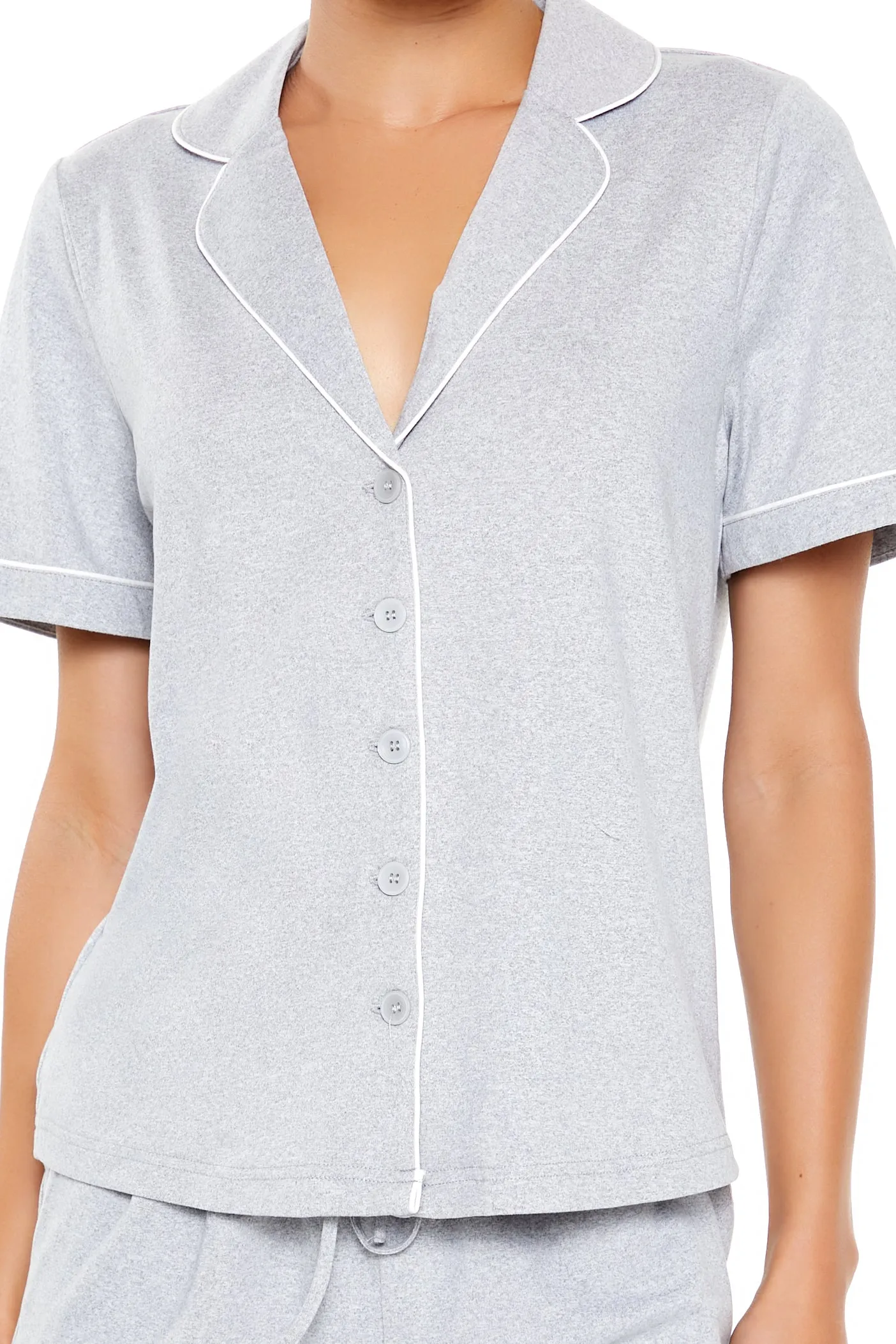 Piped-Trim Shirt & Shorts Pajama Set - Grey