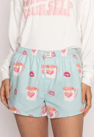 PJ Salvage 100% Cotton Flannel Mugs and Kisses PJ Shorts RKFLS - Aqua