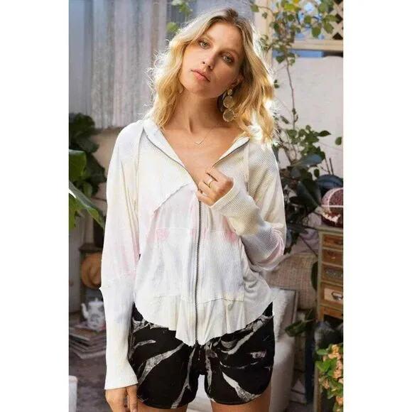 POL CLOTHING Cotton Candy Zip Up Hoodie Tie Dye Ribbed Ombre NWT BWT635