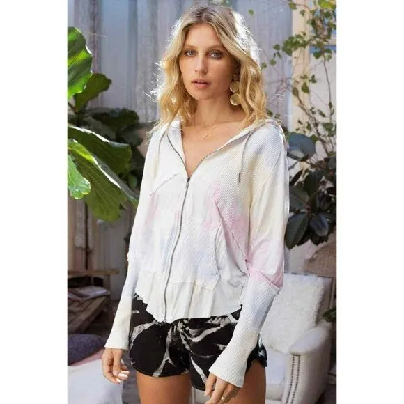 POL CLOTHING Cotton Candy Zip Up Hoodie Tie Dye Ribbed Ombre NWT BWT635