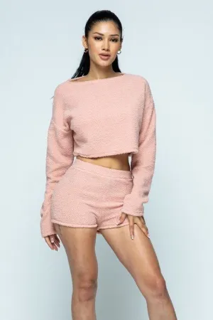 Poodle Knit Drop Shoulder Long Sleeve Cropped Top With High Waist Shorts Set