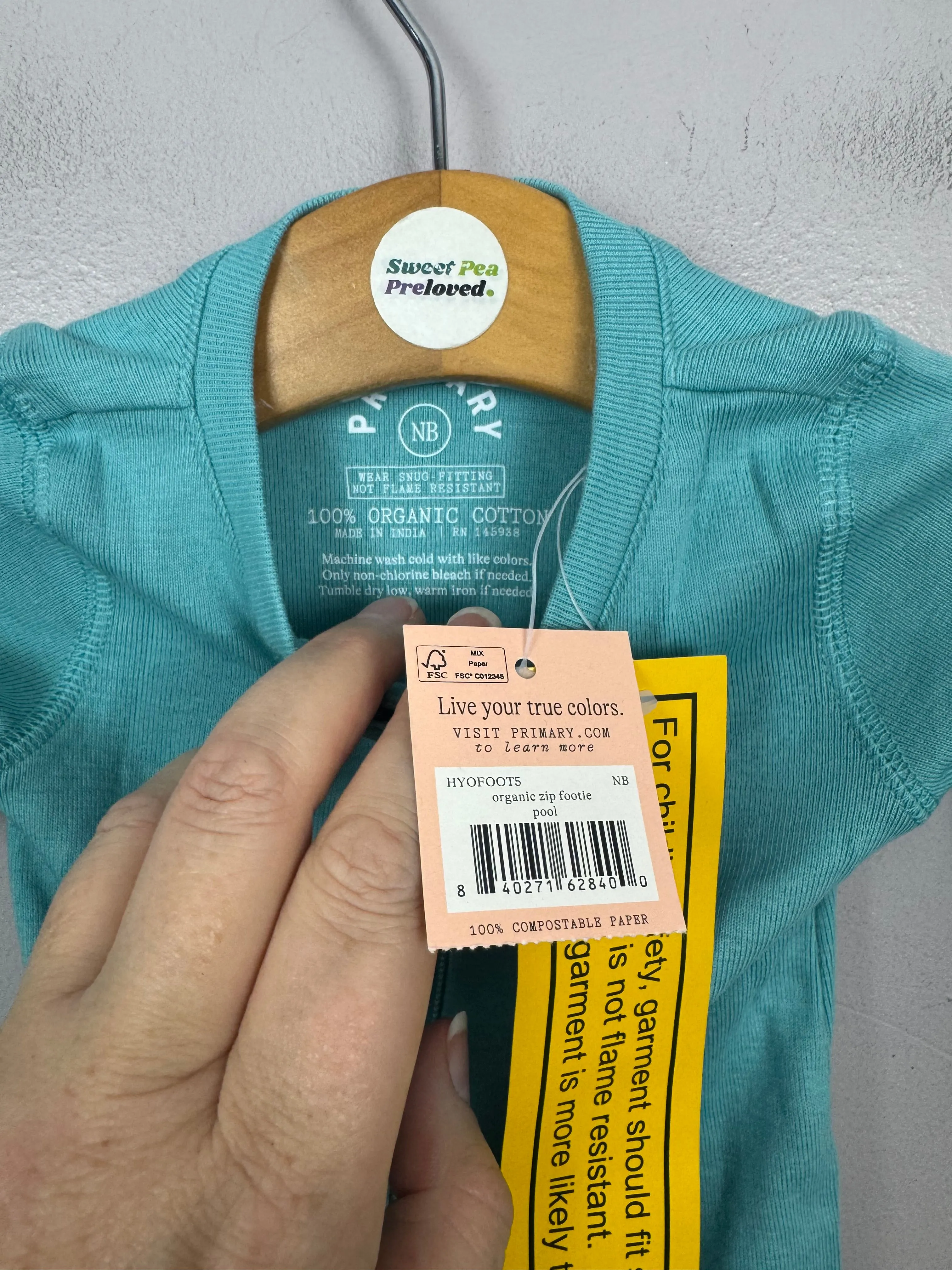 Primary Organic Sleepsuit - Plain dye, Azure (New) Ages NB to 18-24m