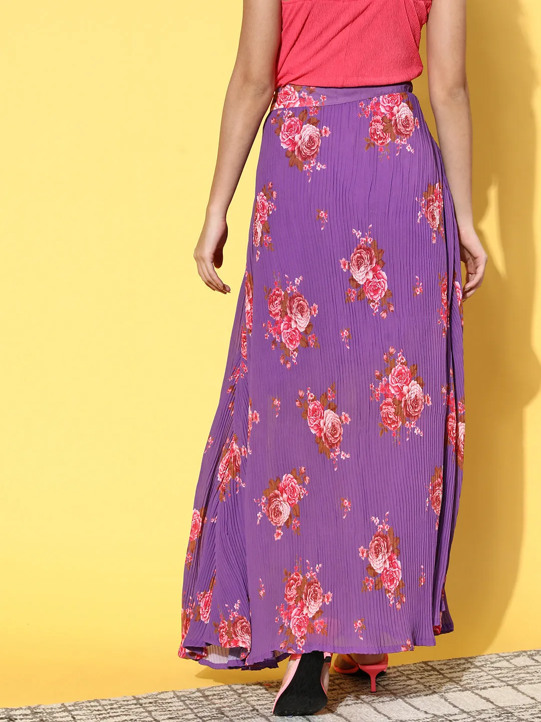 Purple Floral Print Pleated Skirt