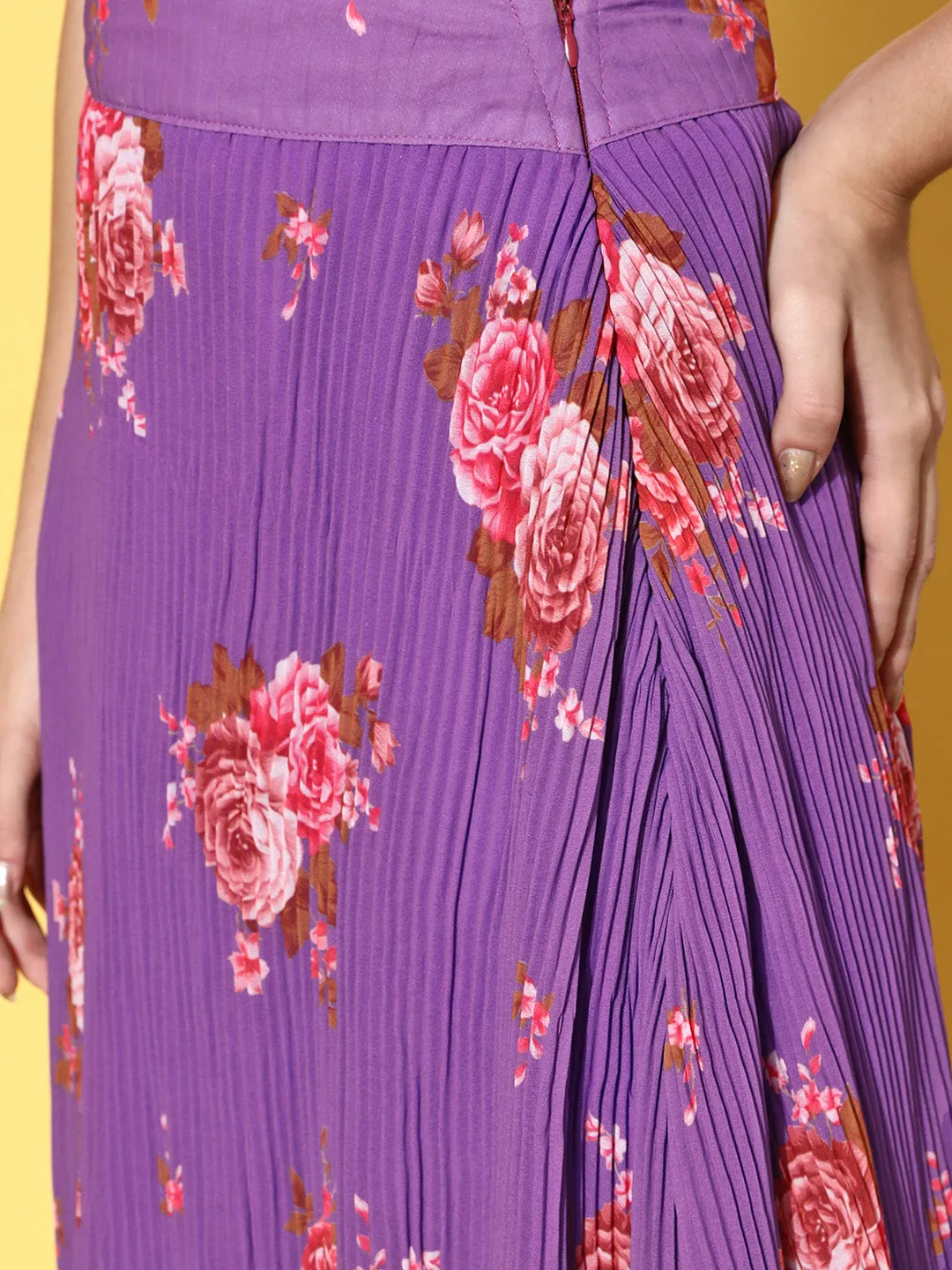 Purple Floral Print Pleated Skirt
