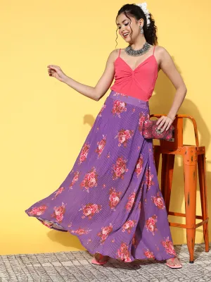 Purple Floral Print Pleated Skirt