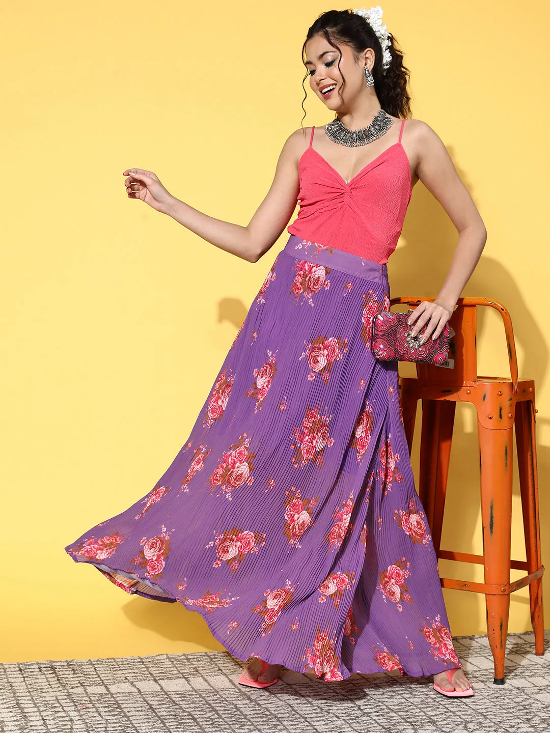 Purple Floral Print Pleated Skirt