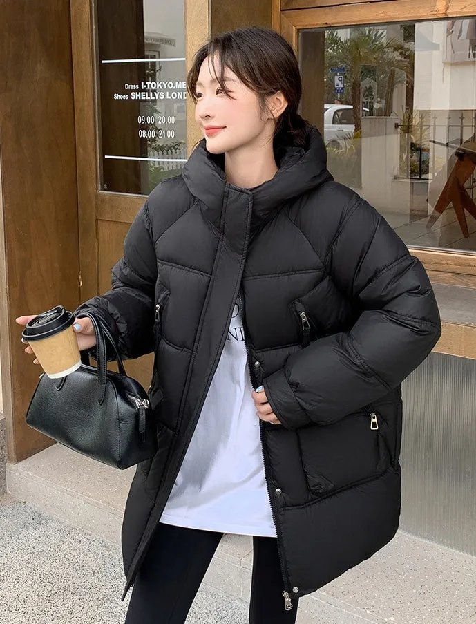 Quilted Thigh-Length Puffer Jacket for Women - Waterproof and Stain-Resistant