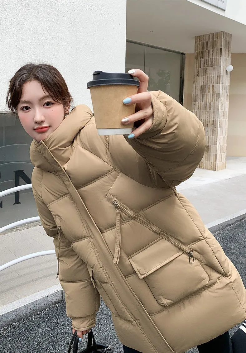 Quilted Thigh-Length Puffer Jacket for Women - Waterproof and Stain-Resistant