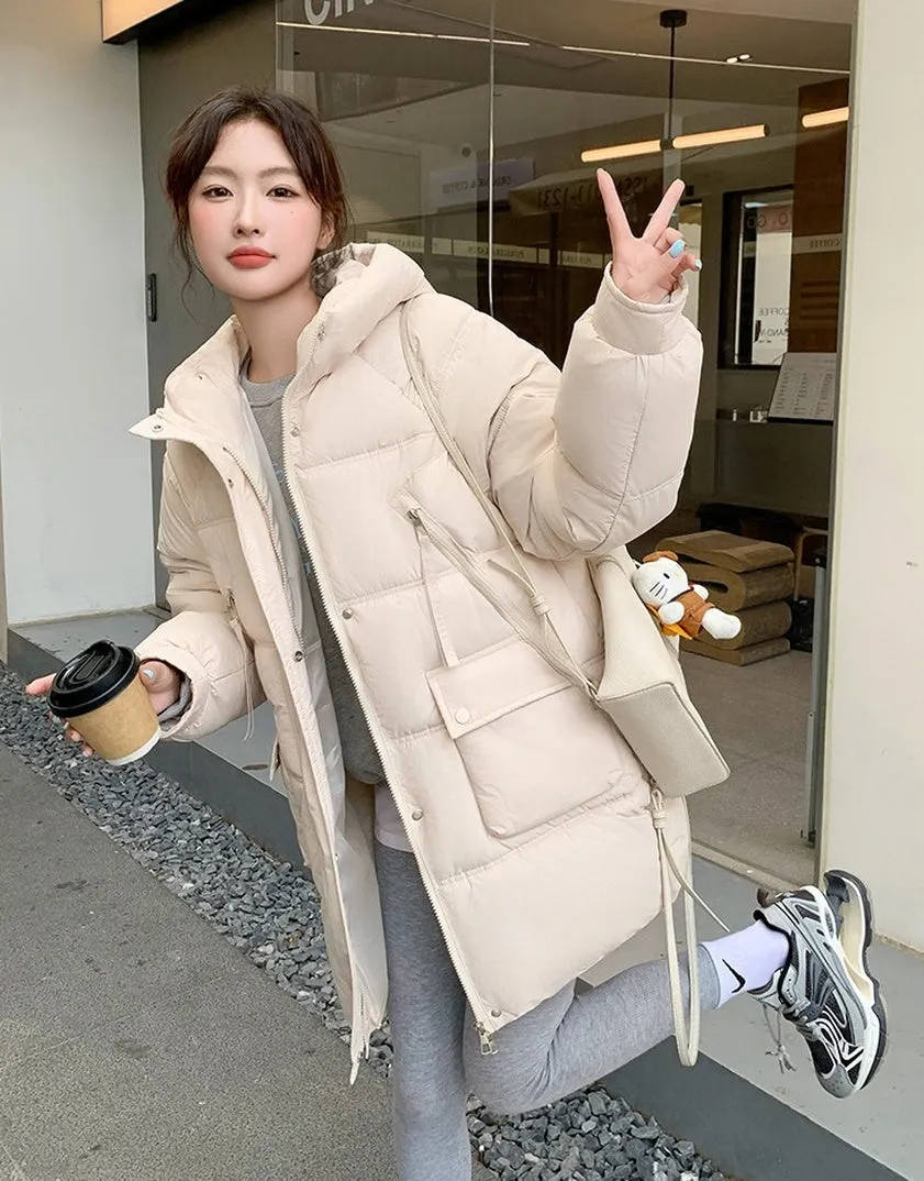 Quilted Thigh-Length Puffer Jacket for Women - Waterproof and Stain-Resistant