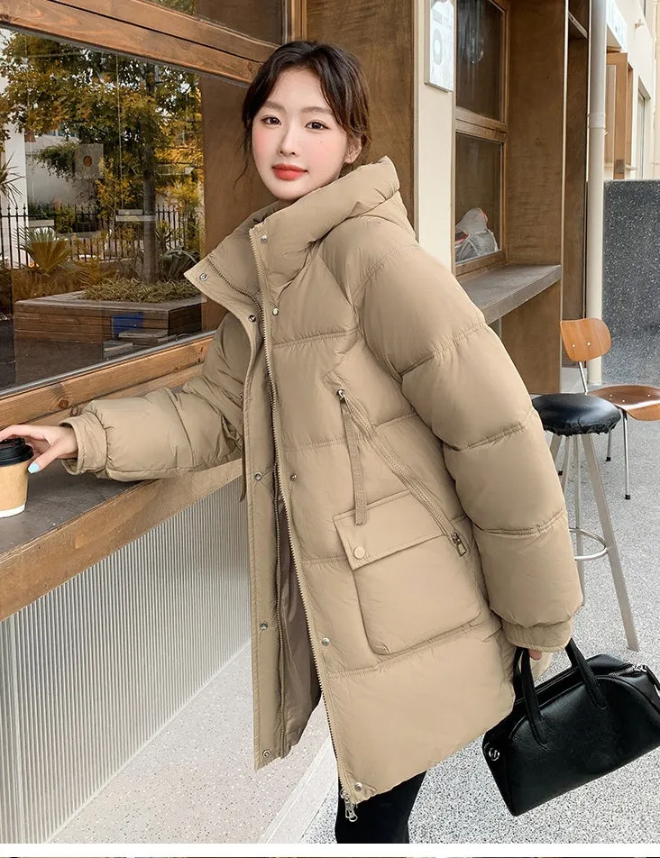 Quilted Thigh-Length Puffer Jacket for Women - Waterproof and Stain-Resistant